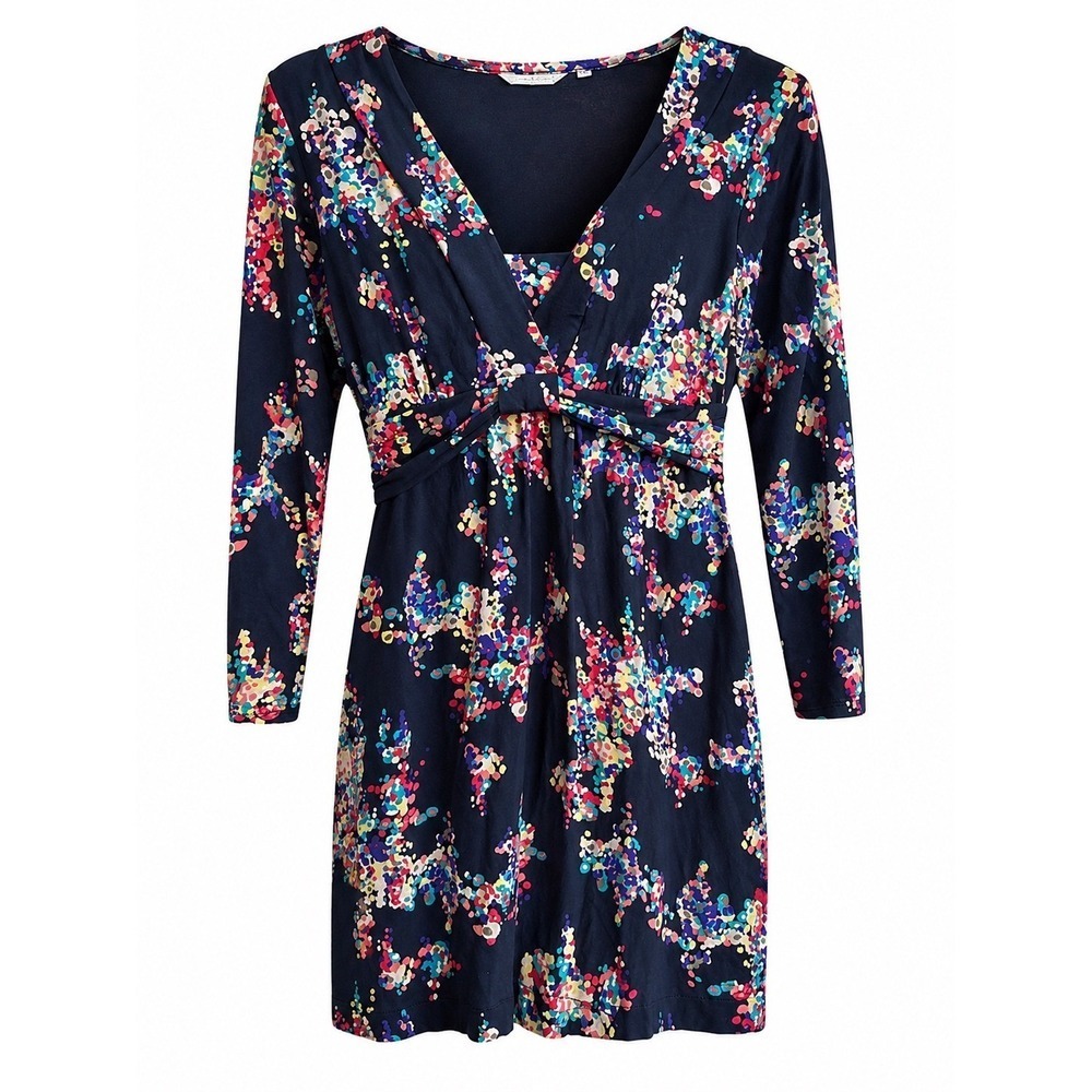 Boden Floral Faux Wrap Dress Size 6 Navy Stretch Knit Fit Flare Long Sleeve